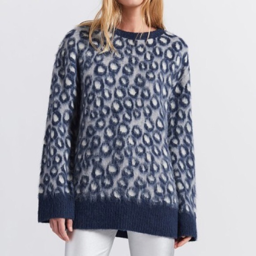 NWT Current/ Elliot Oversized Blue Cali Leopard Animal Print Sweater